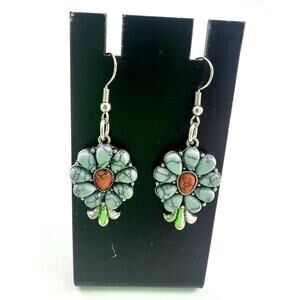 Handmade Earrings Silver Dangle Blue Turquoise Boho Coral Stone Middle Flower